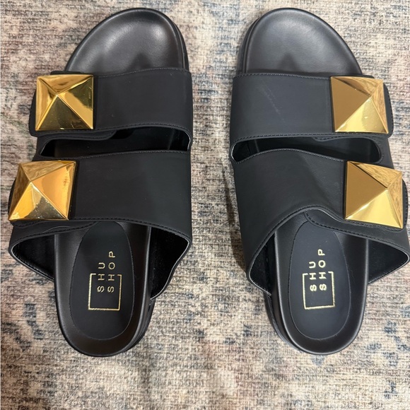 ShuShop Black and Gold Women's Sandals - Picture 1 of 4